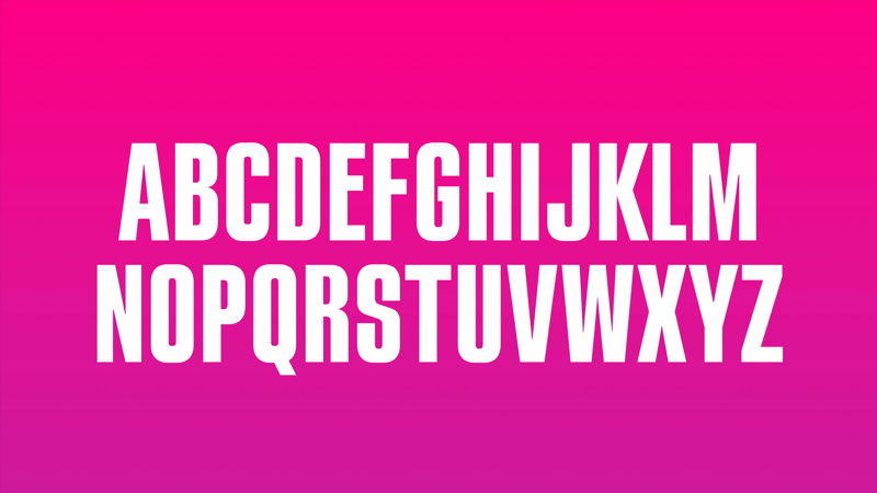 The alphabet in uppercase white Canal+ typeface on a pink background